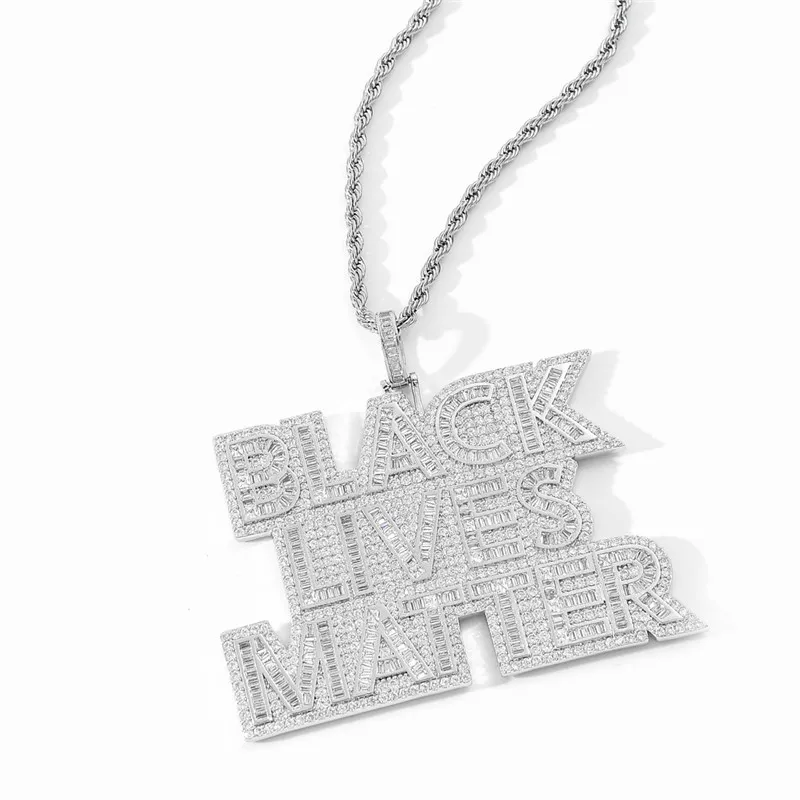 Iced Out Diamond Letter BLACK LIVES MATTER Pendant Necklace Gold Silver Plated Mens Hip Hop Jewelry Gift