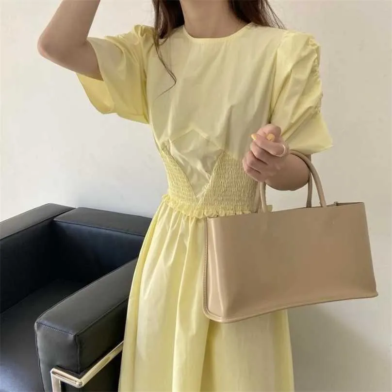 Summer Dresses Gentle Retro Solid O-Neck Elegant Vintage Party Sweet Office Lady Pleated Loose Women Chic Long 210525