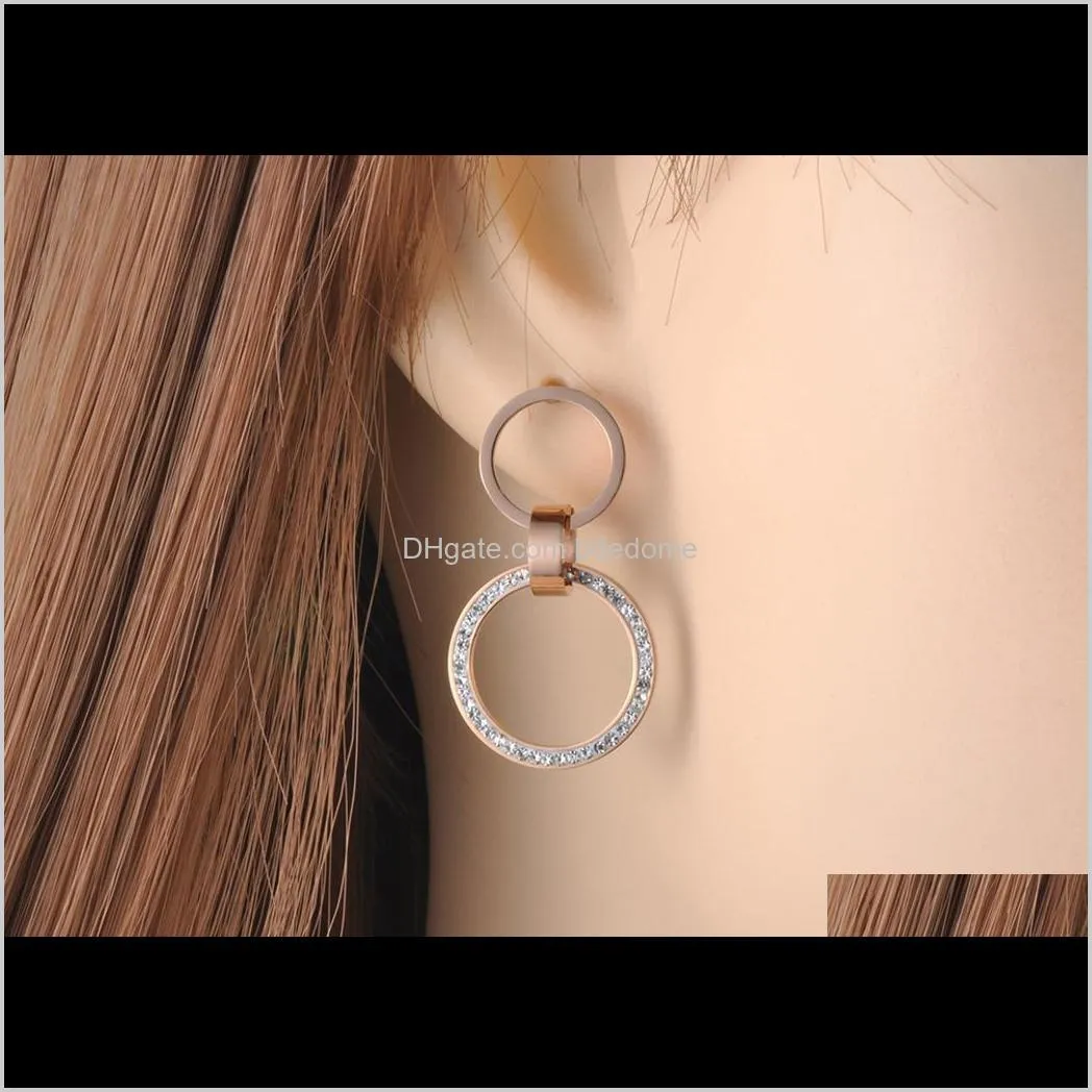 fashion double circle stainless steel stud earrings rose gold handmade clay white crystals ear jewelry for women je19010