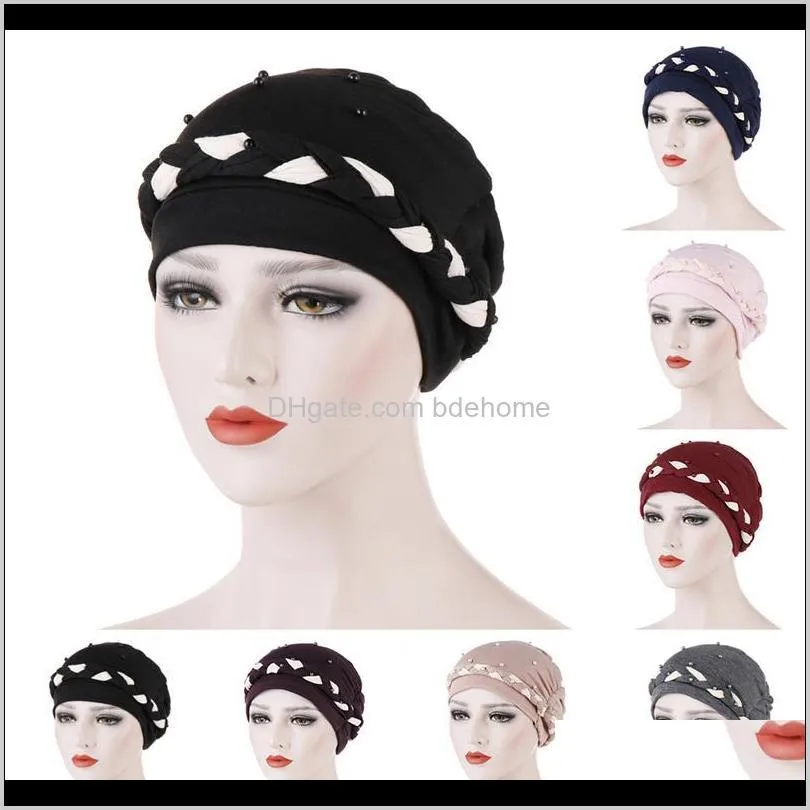 new casual turbans for women pearls decor femme musulman headscarf turban cap single braid caps for female1