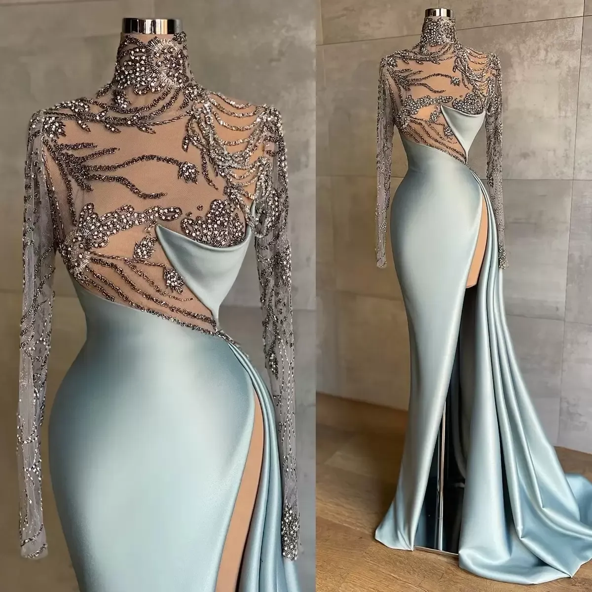 2022 Illusion Blue Suknie Wieczorowe Aplikacje Długie Rękawy Impreza Party Prom Suknie Koraliki Kryształy Sexy Wysokie Split Robe de Soiree CG001