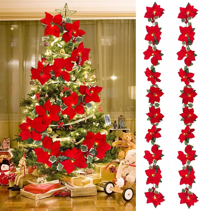 Décorations de Noël 2M Guirlande de fleurs avec guirlandes lumineuses Poinsettia artificielles Couronne de fleurs pour la décoration de la cheminée à la maison Ornement de fête de Noël