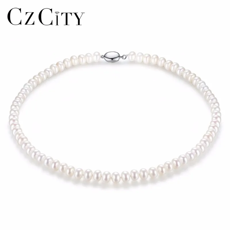 CZCITY 100% 925 Silver for Women 7-8mm Flawless Natural Freshwater Pearl Necklace Fine Jewelry Whole