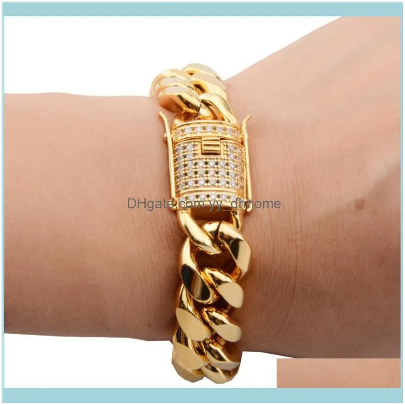 8/10/12/14/6/18MM Fashion Jewelry Stainless Steel Gold Color  Cuban Curb Chain Men Women Bangle Bracelet Top Crystal Buckle
