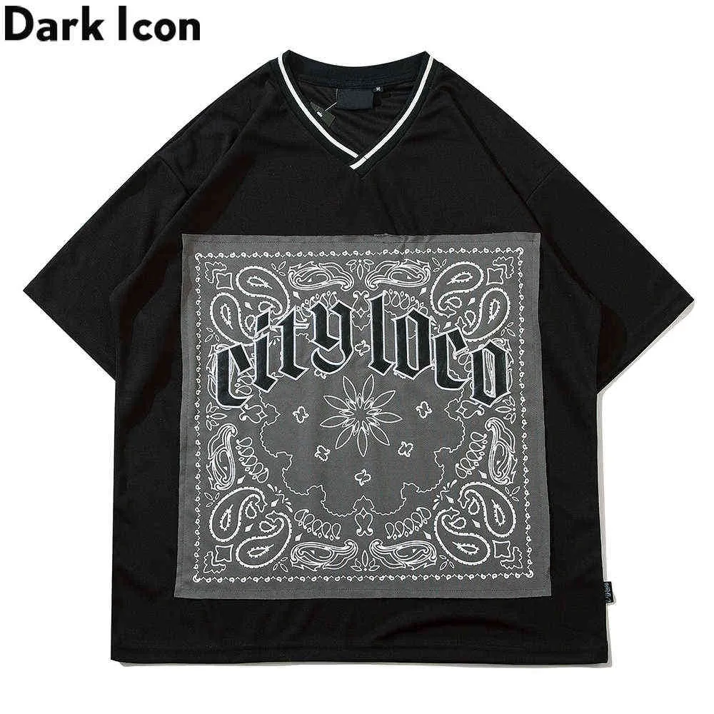 Bandana Letters Prined V-neck Men's T-shirt Short Sleeve Summer Mesh Material Streetwear Tshirts for Men Male Top 210603