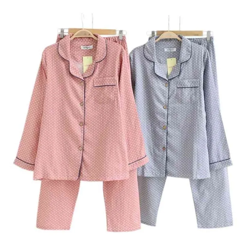 Conjunto de pijamas de lunares simples 100% algodón Primavera Ropa de dormir informal japonesa Pijamas de manga larga 210809