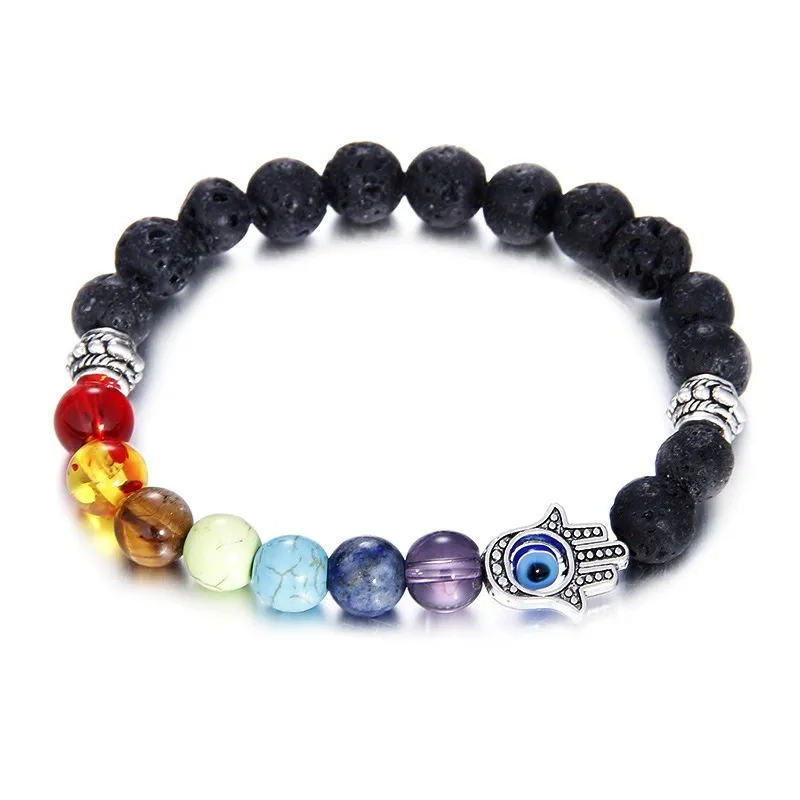 Bracciale rigido con perline a mano 7 Chakra Energy Beads Pietra lavica Hamsa Fatima Gioielli bracciale colorati unisex