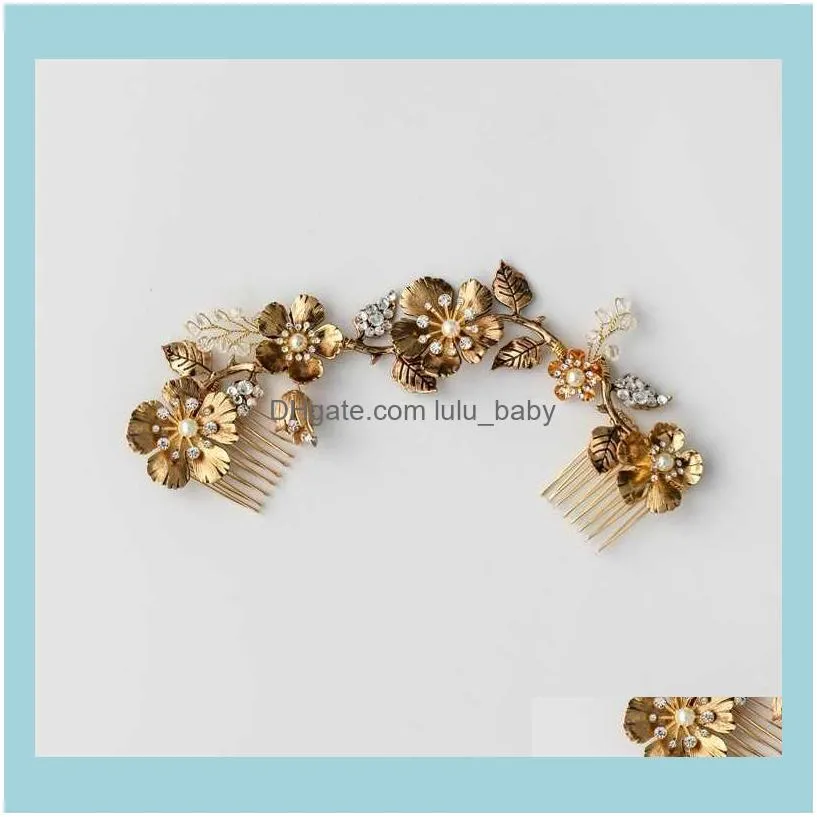 Antique Gold Floral Long Comb Bridal Leaf Women Headpiece Handmade Wedding Accessories Hair Jewelry