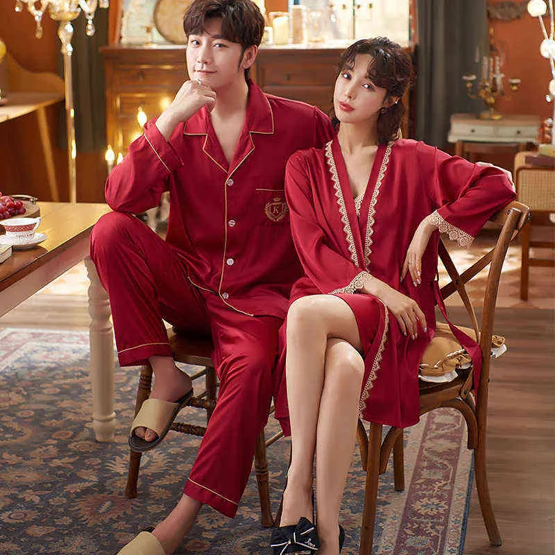 Sexy Ice Silk Pajamas For Couples Long Sleeve Faux Silk Women's Dressing  Gown Casual Loose Male Home Clothes 2 Piece Sets 211019