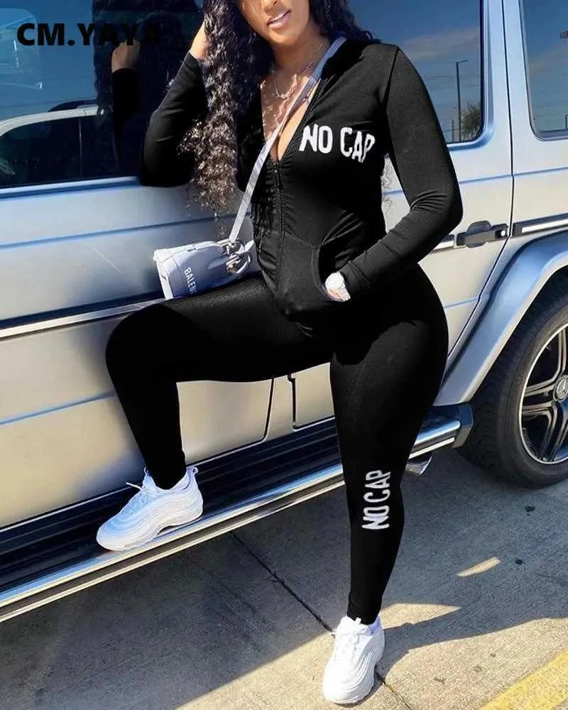 CM.Yaya Streetwear No Cap Sweatsit Women's Set Track Hooded Jacka Legging Byxor Aktiv TrackSuit Two Piece Fitness Outfit 210930