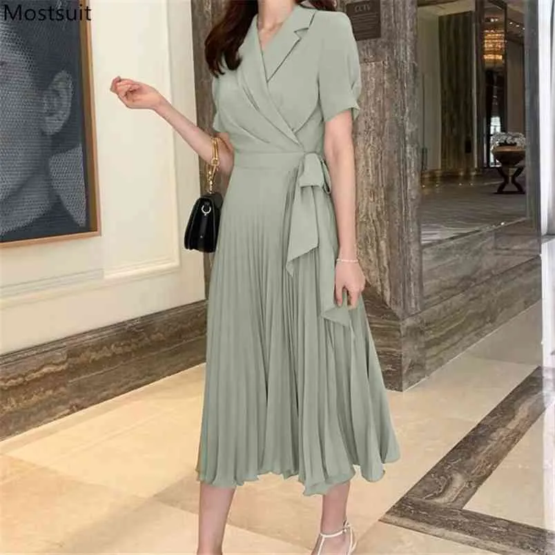 Summer Vintage Long Chiffon Dress For Women Lace Up Short Sleeve V-neck Plus Size Pleated Dresses Korean Robe Femme 210513