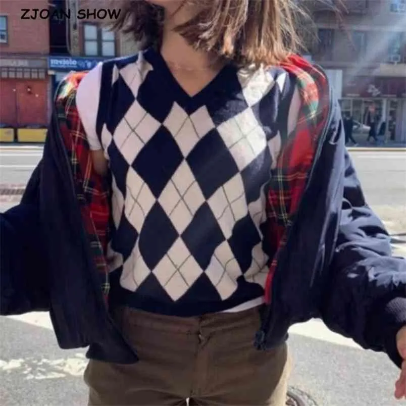 90s vintage azul argyle xadrez tricotada camisola colete estilo preppy vestuário coreano menina legal menina v neck sem mangas jumper y2k knitwear 210429