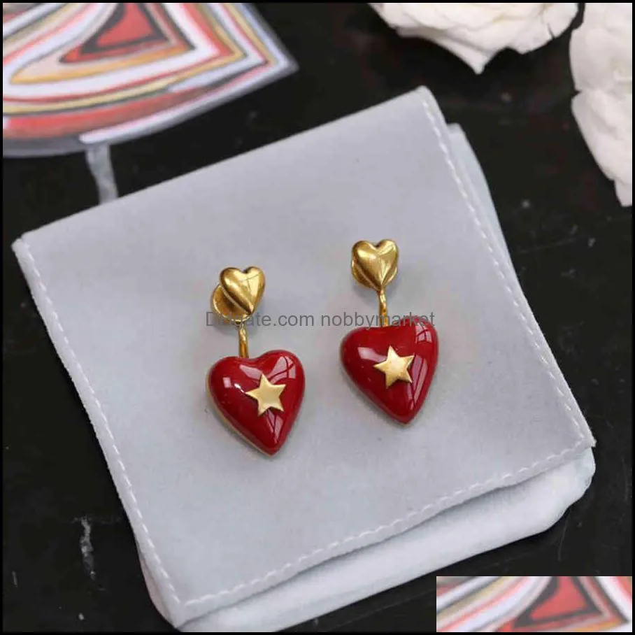 trendy luxury jewelry 1:1 red heart earrings for women gold stud ear accessories vintage star earring for lady decoration 210323