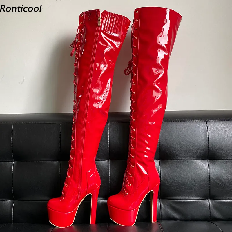 Rontic New Handmade Mulheres Coxa Botas Unisex Stew Stable Heaver Salto Redondo Vermelho Vermelho Preto Night Club Shoes Tamanho 5-16