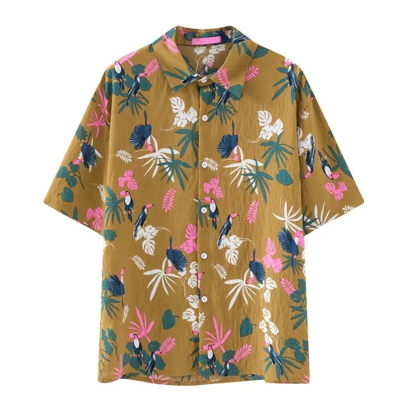 ハワイイエローホワイトフラワーフローラルプリントダウンカラーボタン緩いシャツ半袖夏の女性B0104 210514
