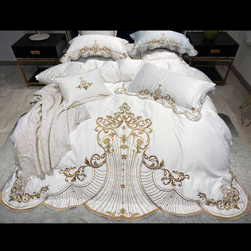 White Soft Satin Silk Cotton Gold Embroidery European Bedding Set Double Duvet Cover Linen Lace Skirt Pillowcases 210615