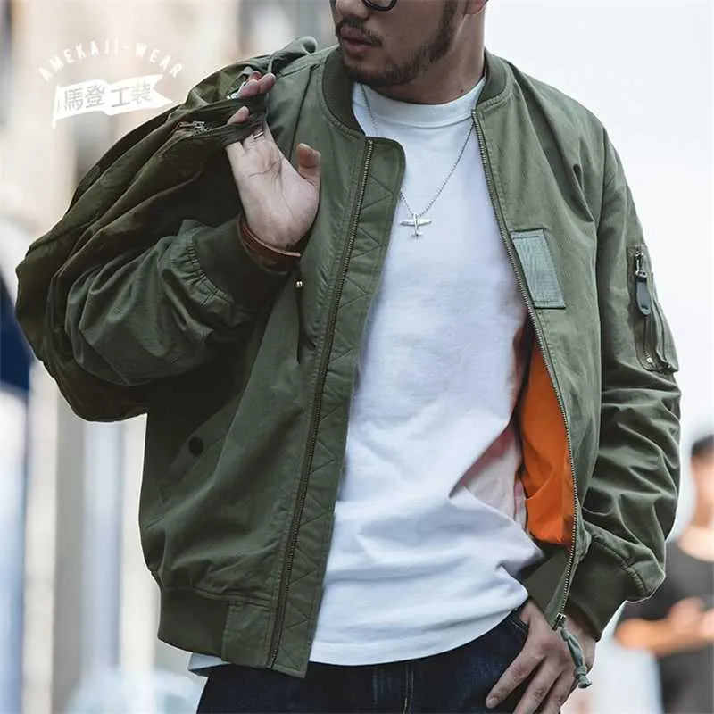 Maden Casual MA-1 Hommes Vestes Vert Militaire Vol Bomber Réservoir Manteau Solide Vintage Manteaux Monocycle Veste Col Hommes Vêtements 210927