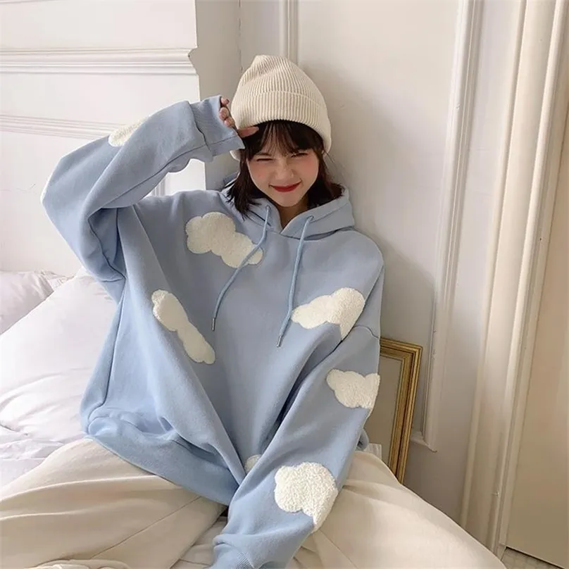 Koreanska sweatshirt kvinnor vinter mode moln pullover plus sammet varma långärmad toppar casual hoodies kawaii kvinnlig 210803