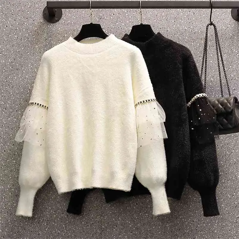 Плюс размер женской осенью и зимней одежды жир сестра свободно западный стиль тонкий сетчатый свитер uk167 210507