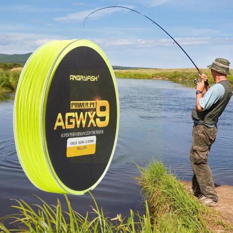 Vlechtlijn AngryFish Diominate X9 PE 9 Strands Weeft gevlochten vissen Sterk 15LB-100LB Super 300m / 327YDS geel L4L7