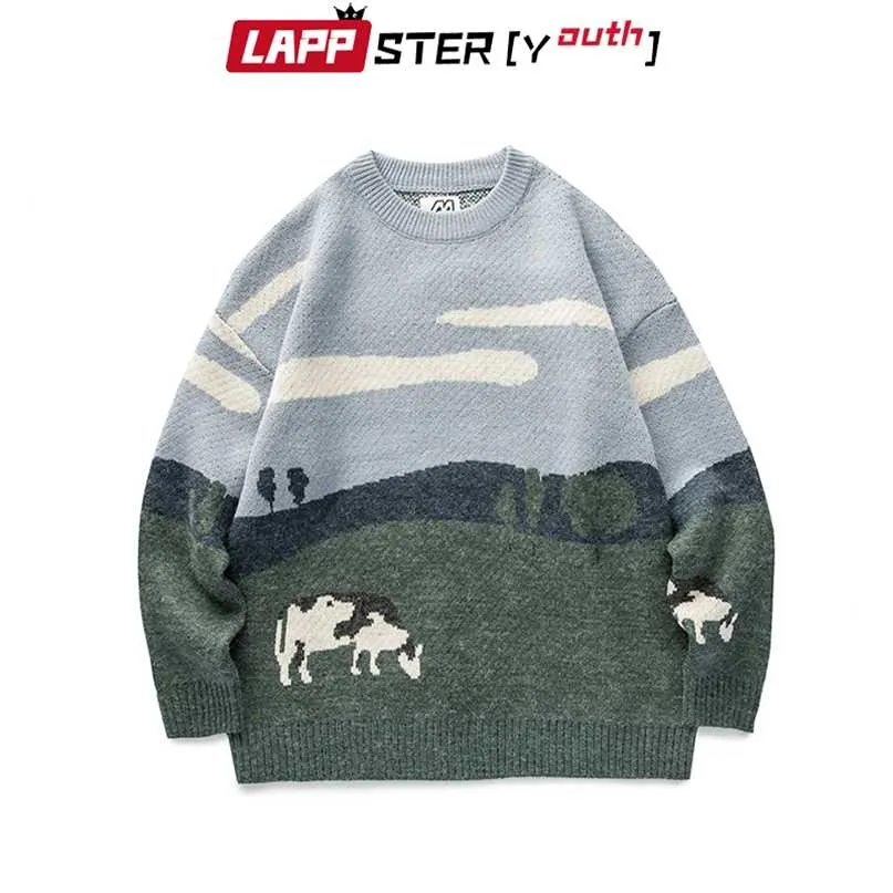 Lappster-ungdom män kor vintage vinter tröja pullover mens o-neck koreanska mode tröja kvinnor casual hajuku kläder 211008