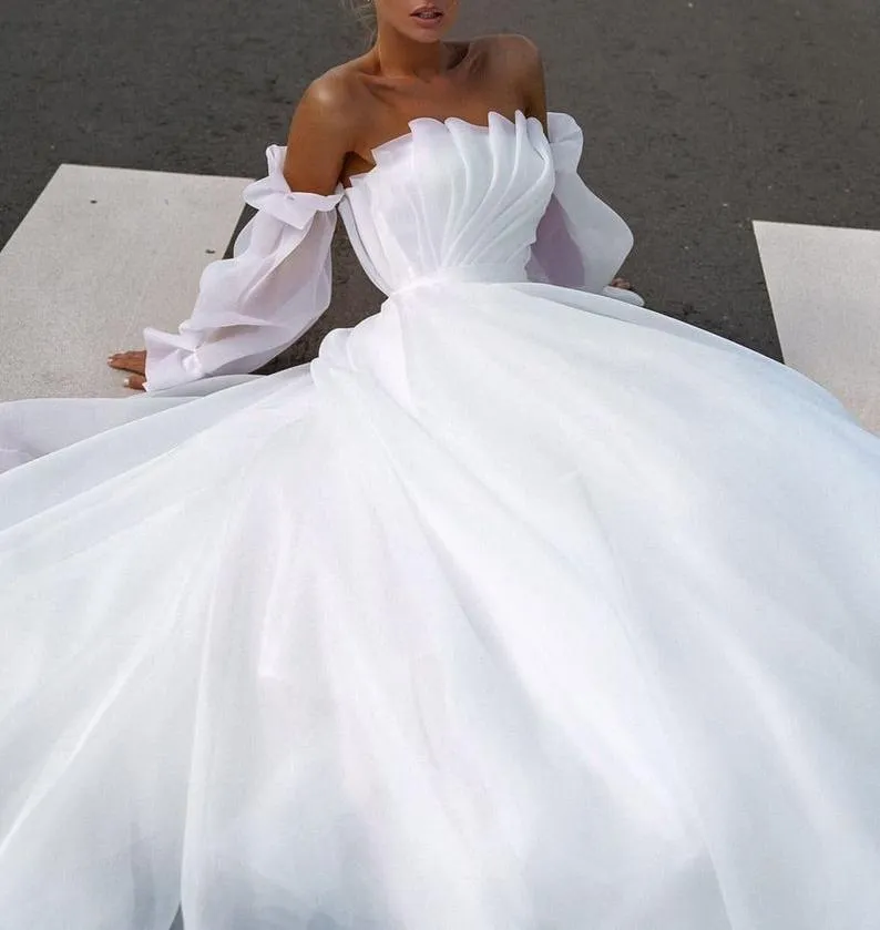 Gowns Elegant Wedding A Line Ruffles Starpless Backless Puffy Long Sleeves Pleats Floor Length Bridal Dresses Robe De Marie Custom Made