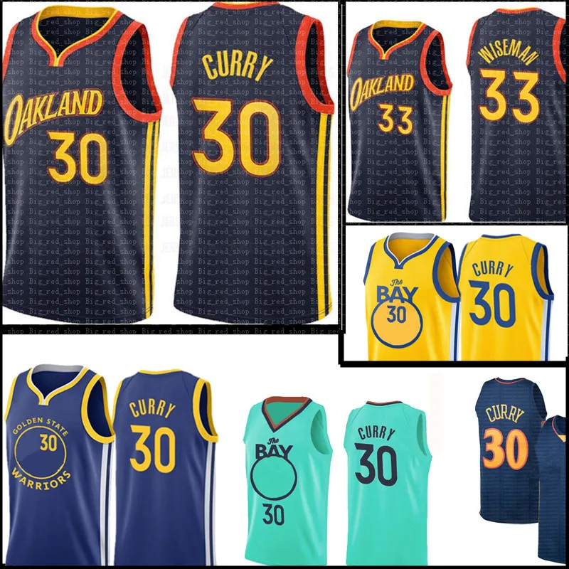 Stephen 30 Curry Jersey Blue 33 Wiseman 농구 유니폼 카레 농구 유니폼 시티 블루 화이트 그린 S-XXL