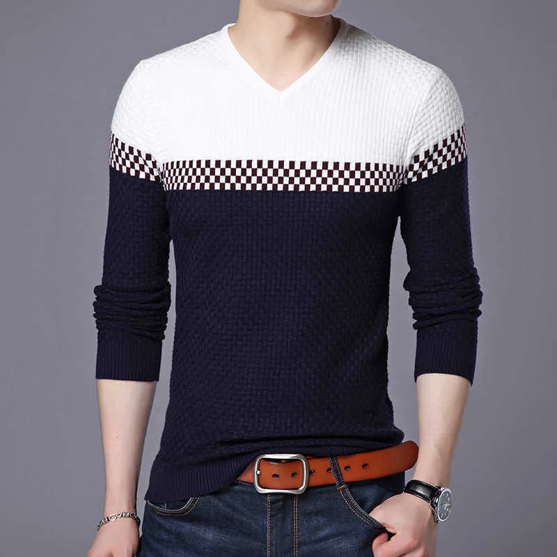 Men Pullover Sweater Fashion V-Neck Casual Knitted Sweaters Spring and Autumn Fit Slim Pullovers Men Patchwork Brand Clothing Y0907