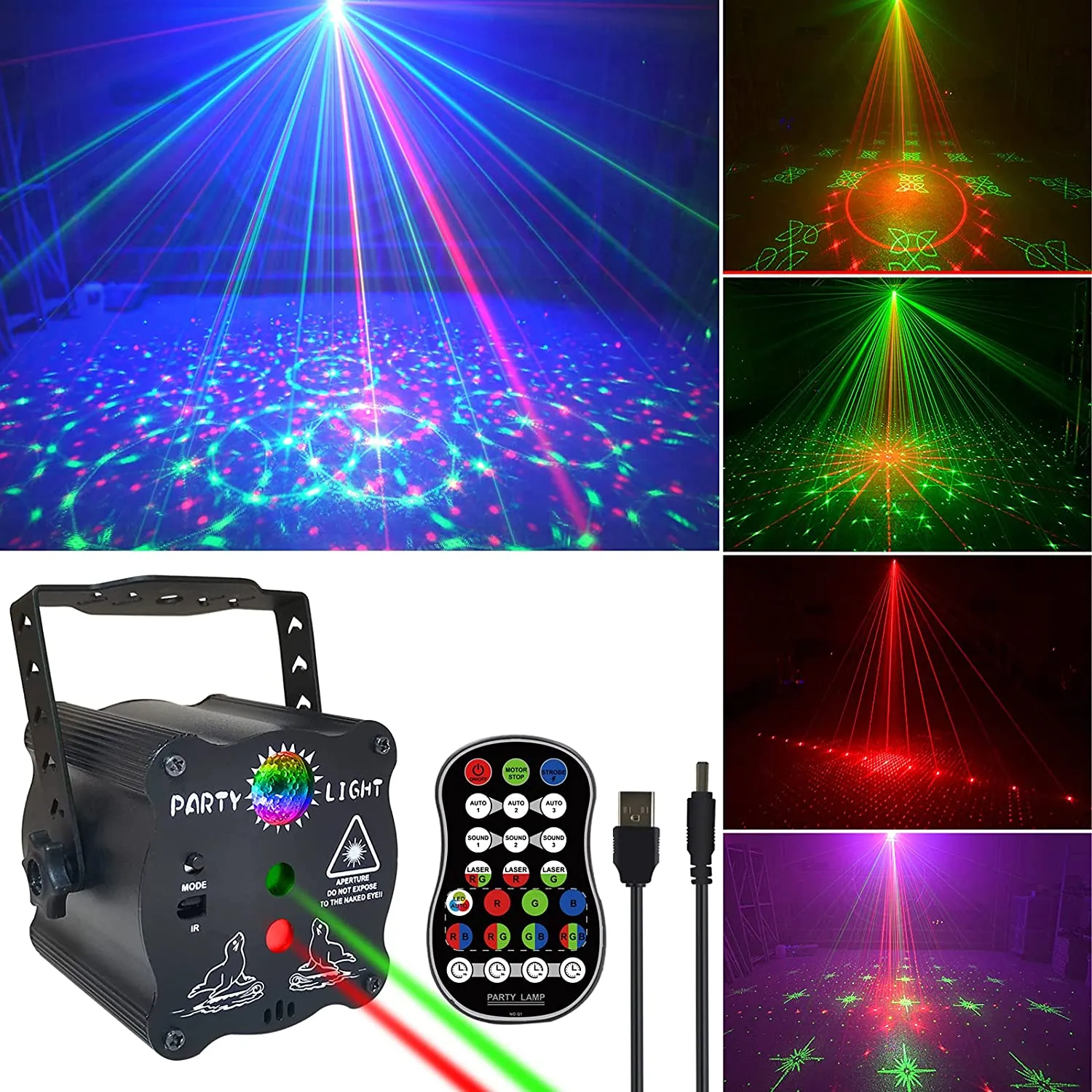Party Stage Laser Lighting USB Charge Strobe DJ Disco Light Sound Activated Remote Control Projector Lamp för hem födelsedagsfält rave bröllop jul