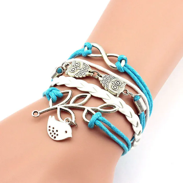 Weave Multi Layer Owl Infinity Charm Armband Hand Made Rope Armband Bangle Cuff Fashion Jewelry for Women Girls Will and Sandy