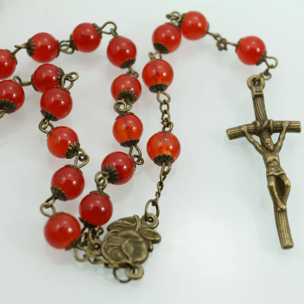 Catholic Christian antique Bronze Red Verre Beads Cross Bijoux Rosaire Collier