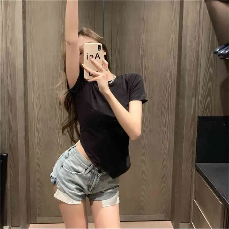 Zomer korte onregelmatige strakke effen kleur o kraag vrouwen mouw t-shirt Koreaanse vrouwelijke split vork sexy t-shirt tops 210507