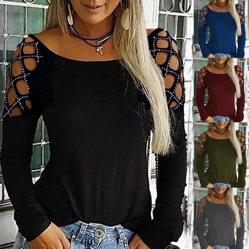 Kvinnor Blusar Höst Kvinna Svart Basic Shinny Fashion Casual Crew Neck Studded Hollow Out Långärmad T-shirt Tops