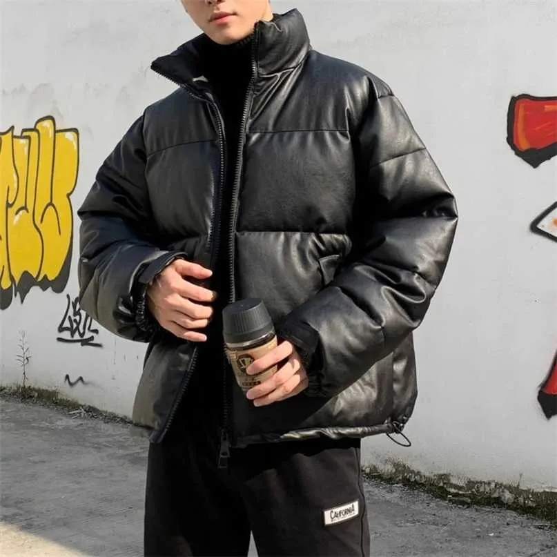Hybskr Kalınlaşmak Katı Renk Erkek Parkas Boy Sıcak Kış Deri Mont Harajuku Moda Erkek Gevşek Pamuk Yastıklı Ceketler 211204