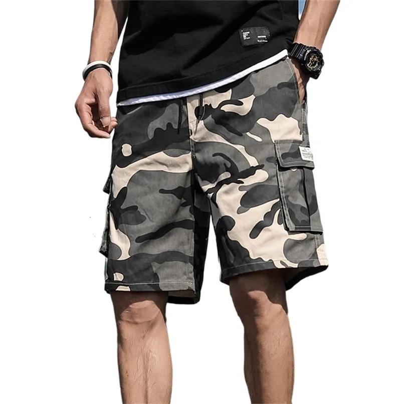 Sommar Mäns Outdoor Camouflage Cargo Shorts Pocket Cotton Casual Half Pants Mid Midist Drawstring Loose Bib Overaller 7xl 210806