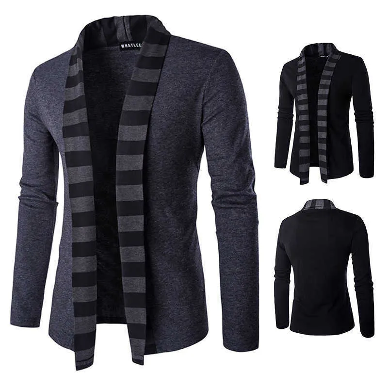 Hommes rayé écharpe col Cardigan automne affaires décontracté pull tricoté cardigan hommes roupas masculinas Y0907