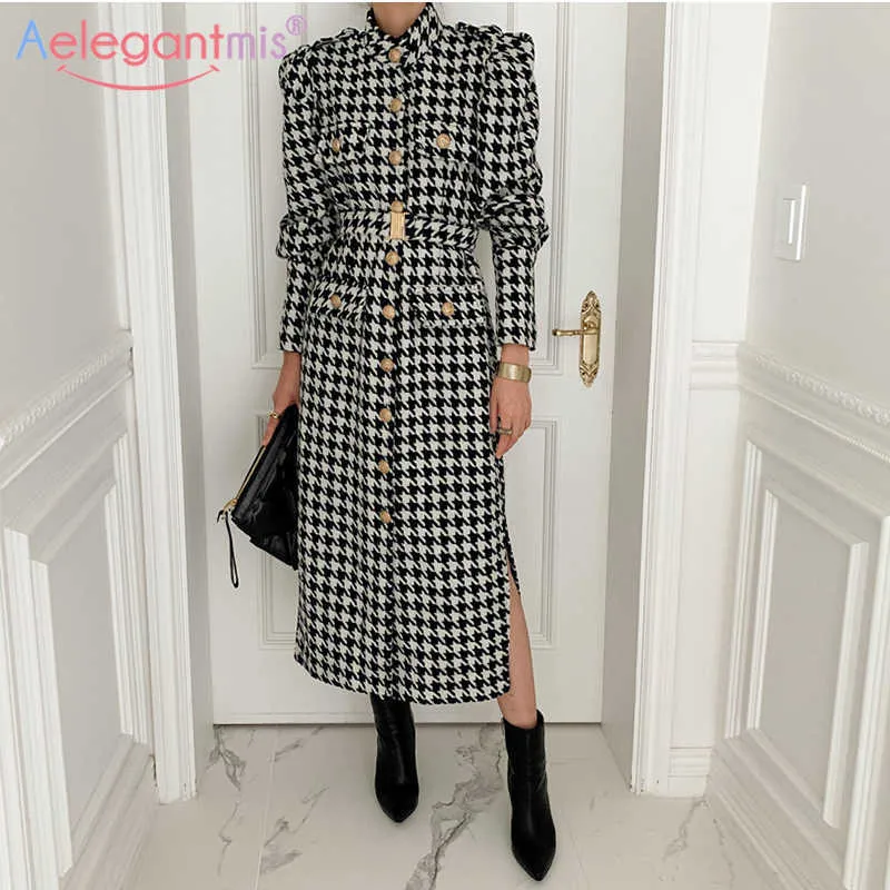 Aelegantmis Houndstooth Vintage Dress Kvinnor Sashes Split Long Puff Sleeve Klänningar Elegant Vestidos Mujer Single Breasted Party 210607