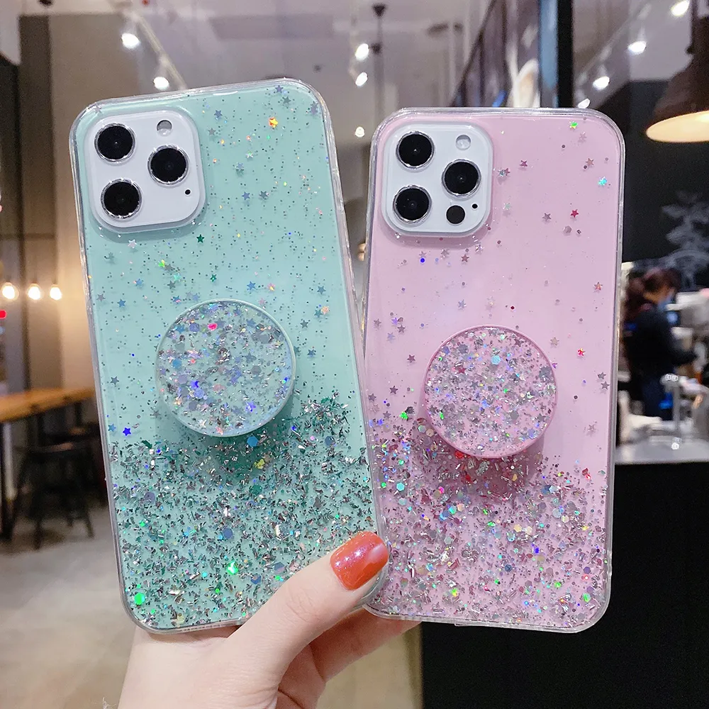 Clear Glitter Phone Cases For Samsung Galaxy A51 A71 A52 A72 F62 S20 FE S21 S10 S9 Plus Flexible Folded Holder Soft Cover