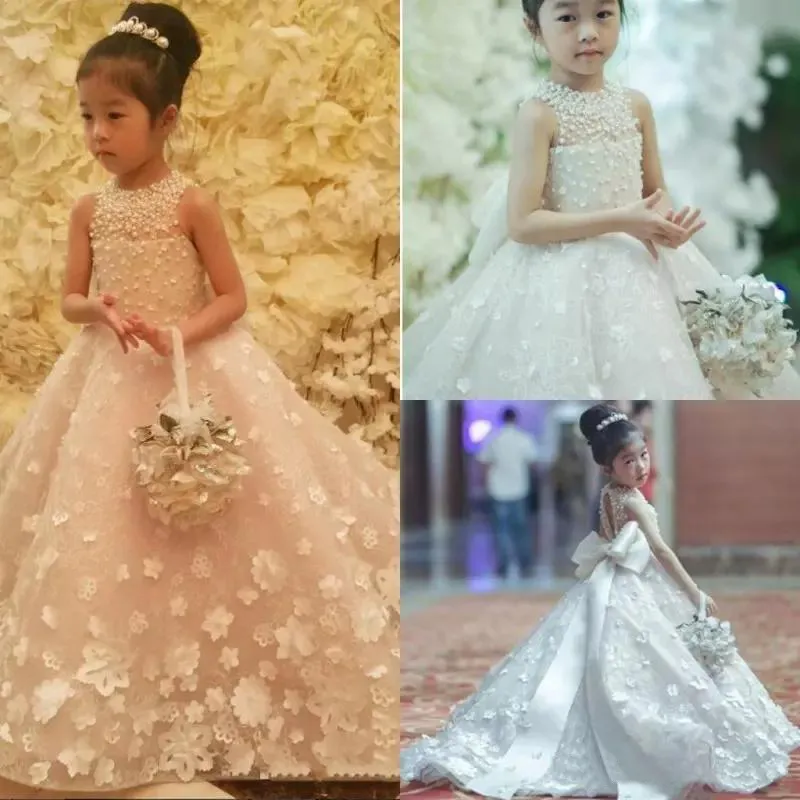 2021 Cute Spaghetti Flor Handmade Meninas Vestidos Bow Bead Princesa Crianças Comprimento Dama de Principal Dressmaid Dress Girl Pageant Ball Ball