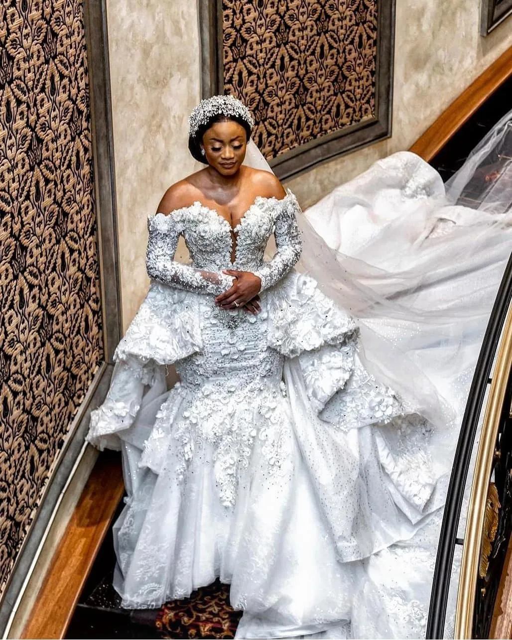 Luxe 2021 robes de mariée sirène avec jupe détachable manches longues bouffantes perlées sur mesure Aso Ebi robes de mariée, plus la taille