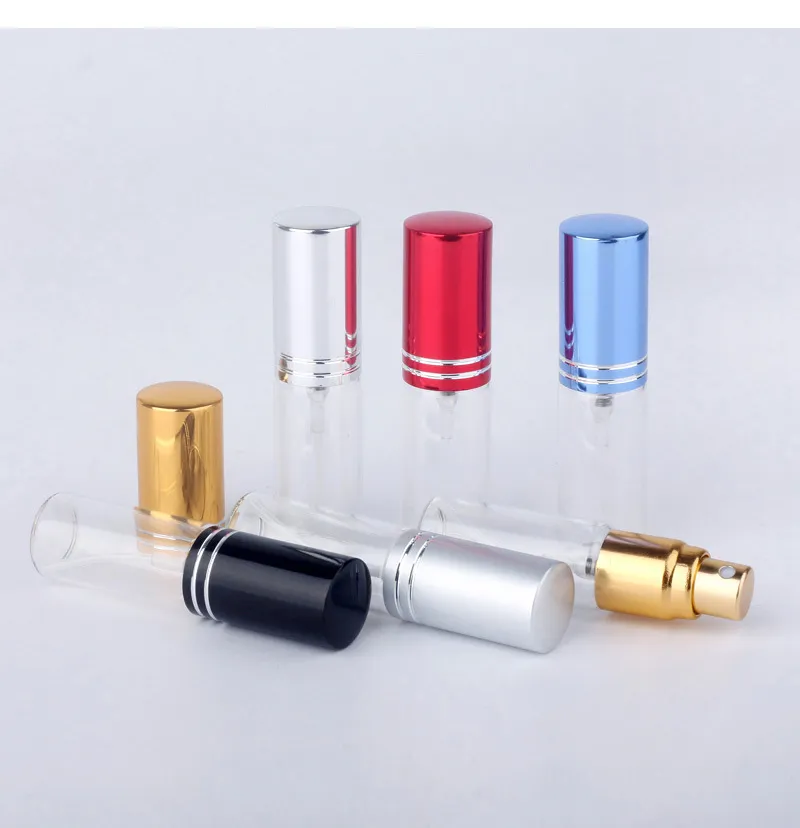 100pcs / parti 5ml transparent tunn glas spray flaska provflaskor bärbar mini parfym atomizer guld silver cap