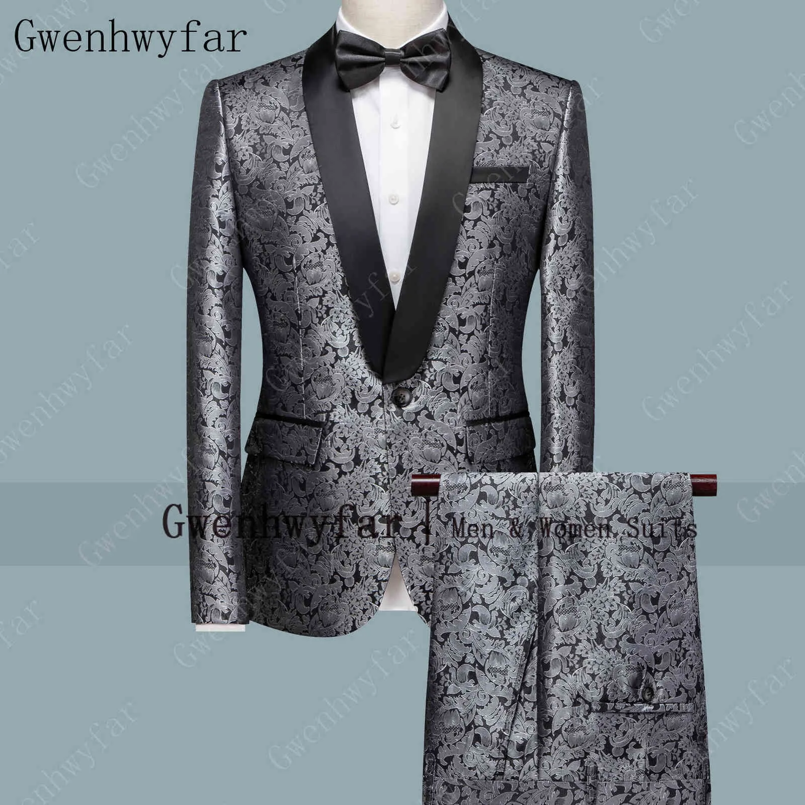Gwenhwyfar ny 2 st set bröllop brudgummen sjal lapel jacquard tuxedo silver löv tryckta slim prom klänning kostym män (blazer + byxor) x0909