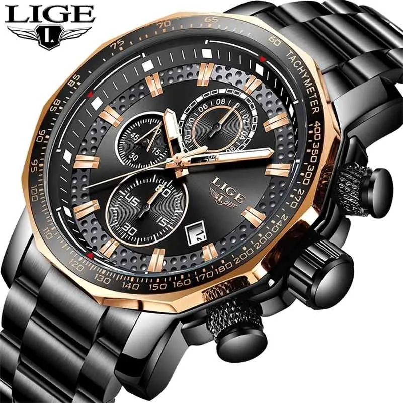 LIGE Gold Watch Men Top Brand Luxury Waterproof Calendar Wristwatch Gents Business Casual Stainless Steel Analogue Men Watches 210527