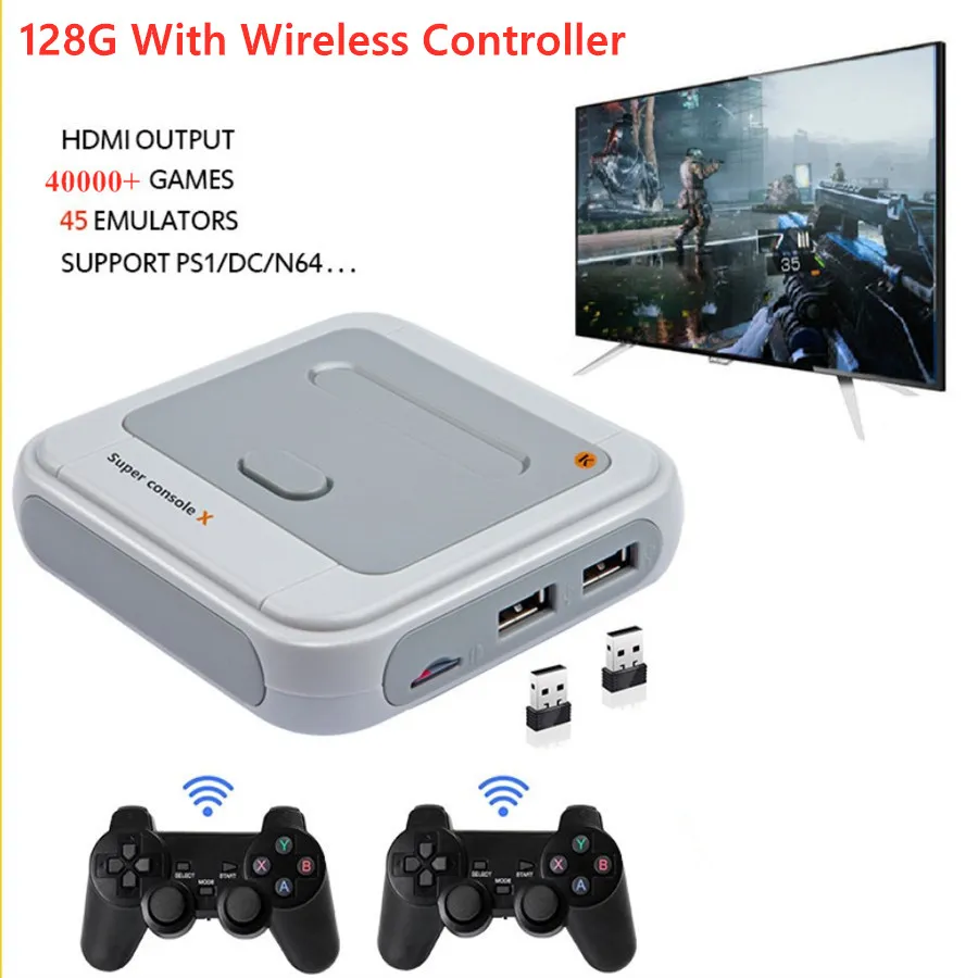 Super Console x 2.4G 무선 게임 콘솔 40000 레트로 PS1 NES GB 게임 지원 4 명의 플레이어 TV 아웃 비디오 게임 플레이어 홈 플레이 박스 선물