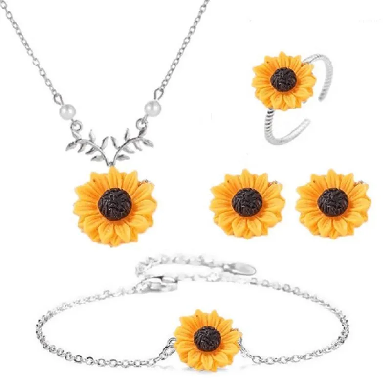 Earrings & Necklace MIQIAO Sterling Silver Sunflower Rings Bracelets Jewellery Set For Women Pendientes Kolczyki Retro Boho Anime