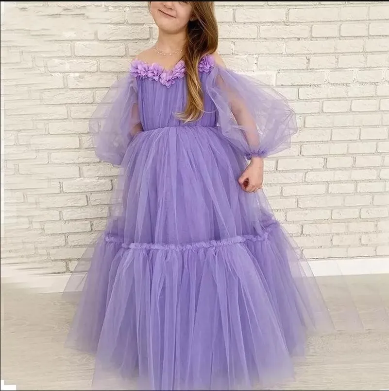 Green Mint Lavender A Line Girls Pageant Dresses Sheer Neck Long Sleeve Floor Length 3D Floral Beads Child Birthday Party Gowns Kids Formal Dress