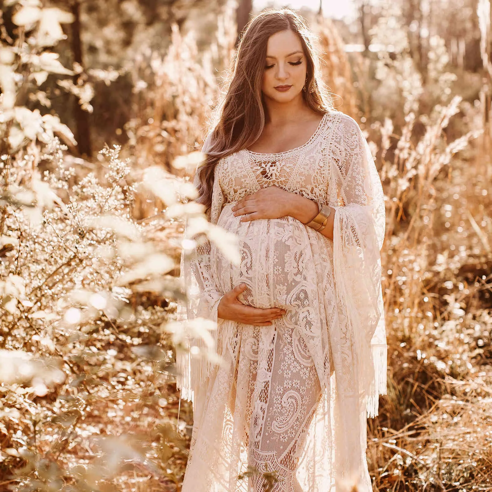 Boho Maternity 드레스 긴 벨 슬리브 Maxi 레이스 임신 가운 파티 저녁 의류 여성을위한 사진 촬영 베이비 샤워 선물 X0902