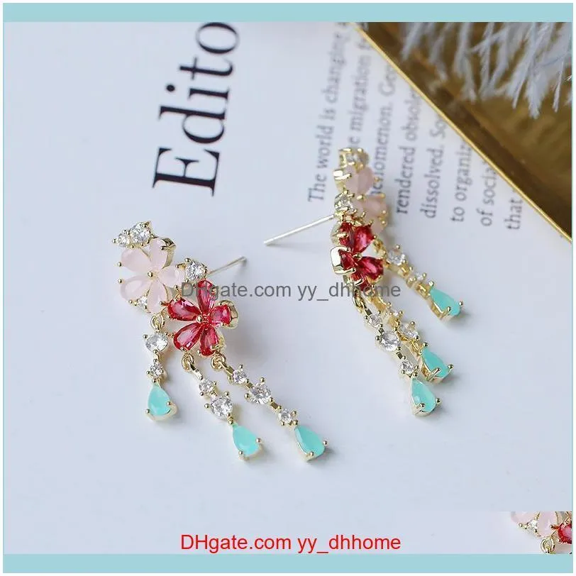 Korea s925 silver needle zircon earrings candy color protein green pink flower earrings long fringe temperament sweet super fairy