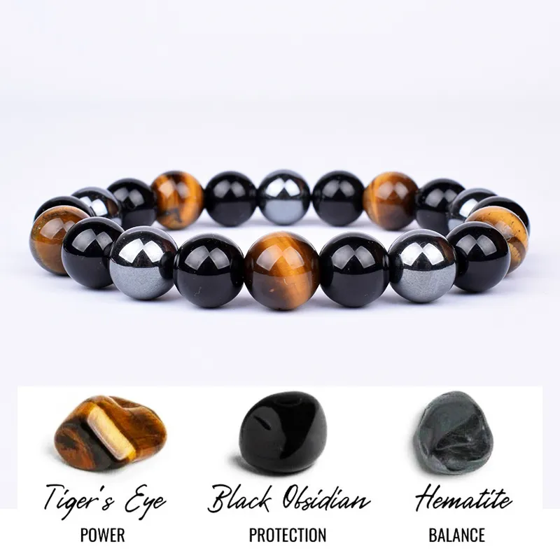 Fashion Natural Stone Tiger Eye Triple Protection Hematite and Obsidian Bracelet Health Balance Healing Soul Jewelry