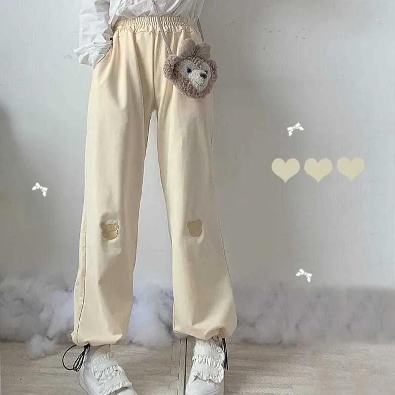 QWeek Kawaii Jogging Bär Broderi Grå Sweatpants Kvinnor Baggy Koreansk Fashion Soft Girl Yellow Sportbyxor Breda Benbyxor Q0801